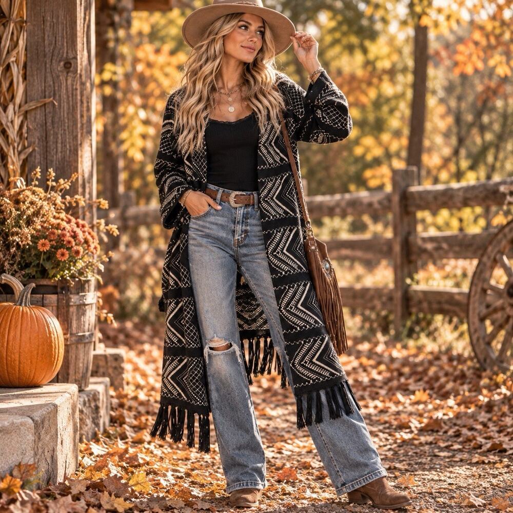 Billabong Sz L Long Cardigan Duster Black Tan Fringe Boho Western Festival Aztec